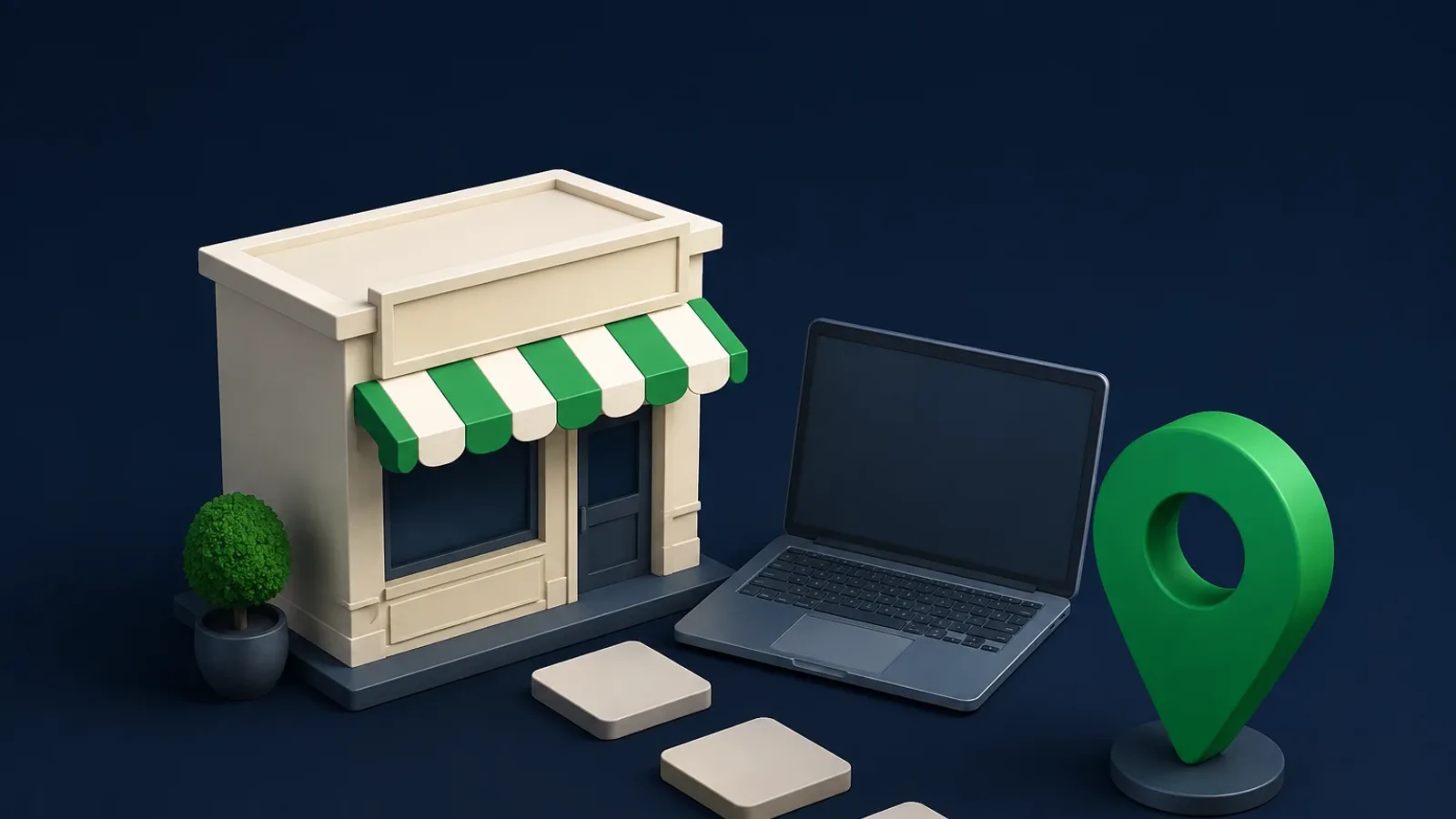 Isometric model of a small storefront with a striped awning, an open laptop and a large green map pin, three tiles leading to the door