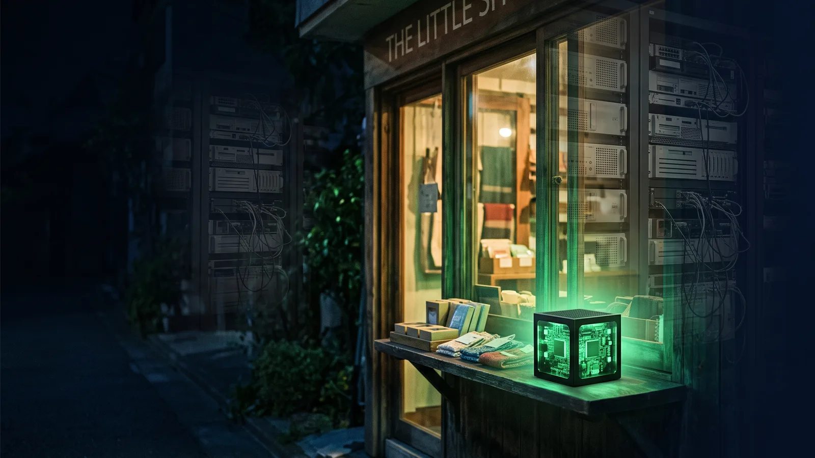 A small night-time shopfront with a glowing green edge-server cube on the window ledge, and a rack of old servers fading transparent behind it, a scale-to-zero cost metaphor