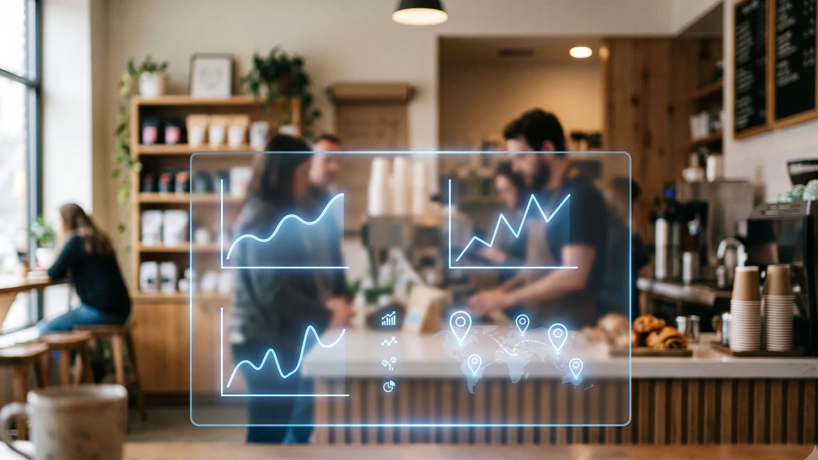 A local shop counter with a translucent analytics dashboard overlaid, suggesting business profile data flowing into analytics
