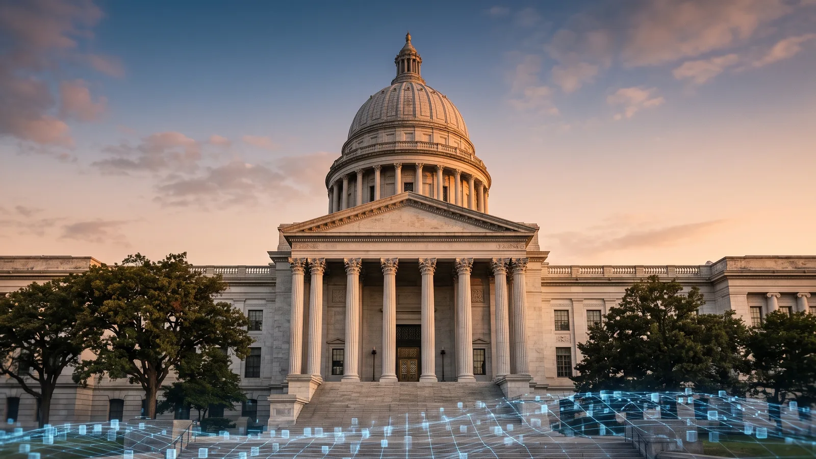 The US Capitol dome beside a field of glowing blue data cubes, suggesting AI policy and regulation