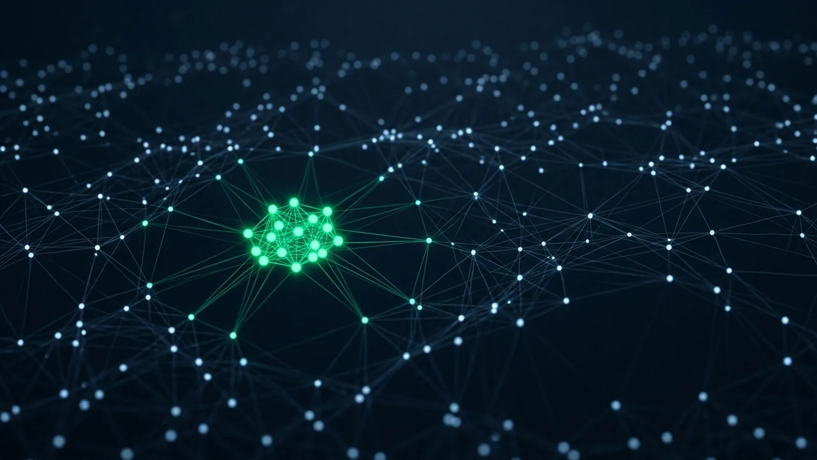 An abstract network of dots with one coordinated cluster highlighted in green