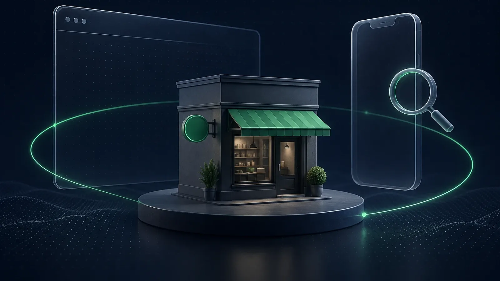 One small shop on a round plinth surrounded by abstract desktop, mobile and search outlines, one green arc connecting them