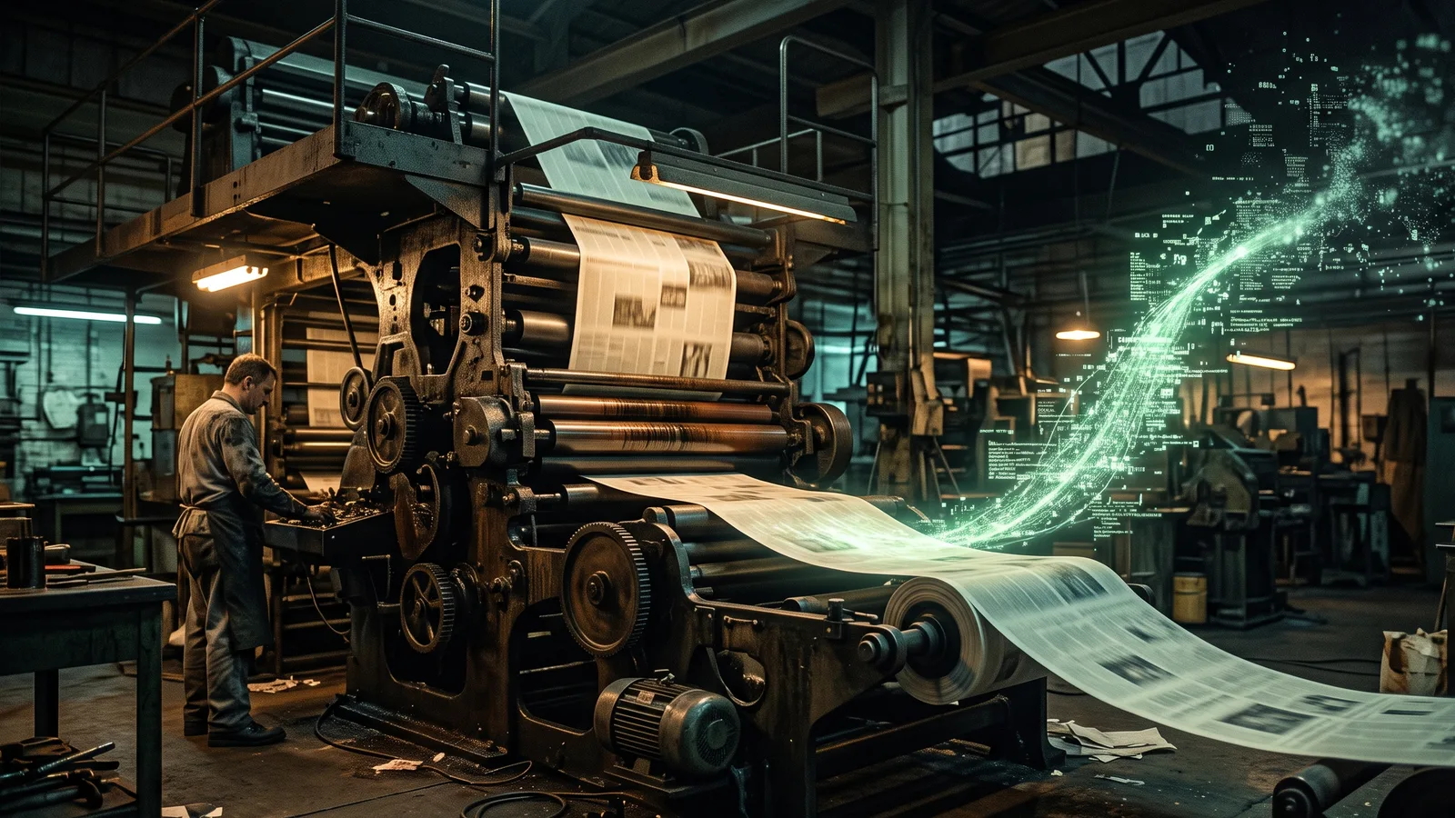 A printing press and a glowing data stream, suggesting news content flowing into an AI system