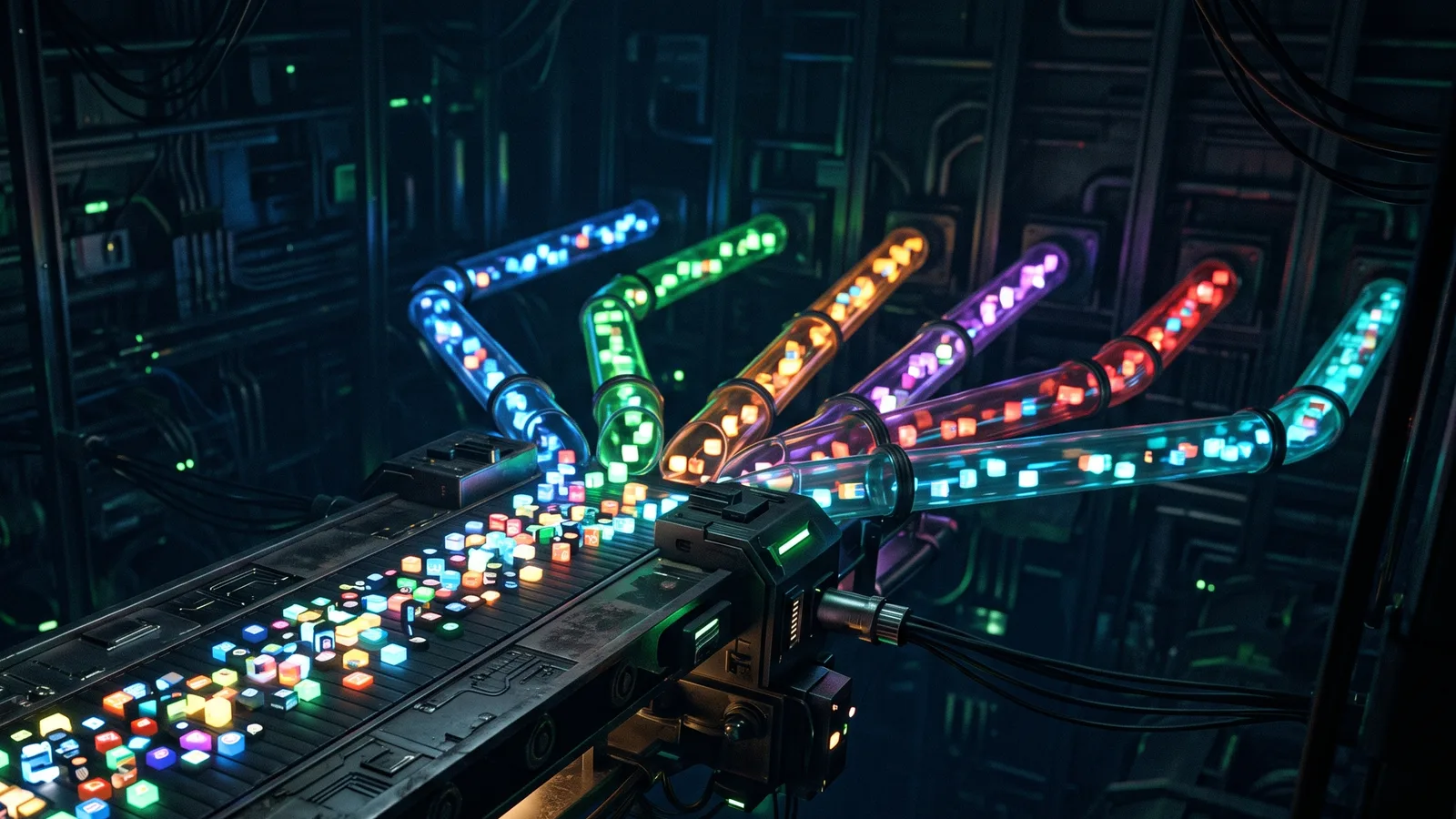 A dark machine interior where a conveyor of glowing website source cards is sorted into several separate coloured pipelines