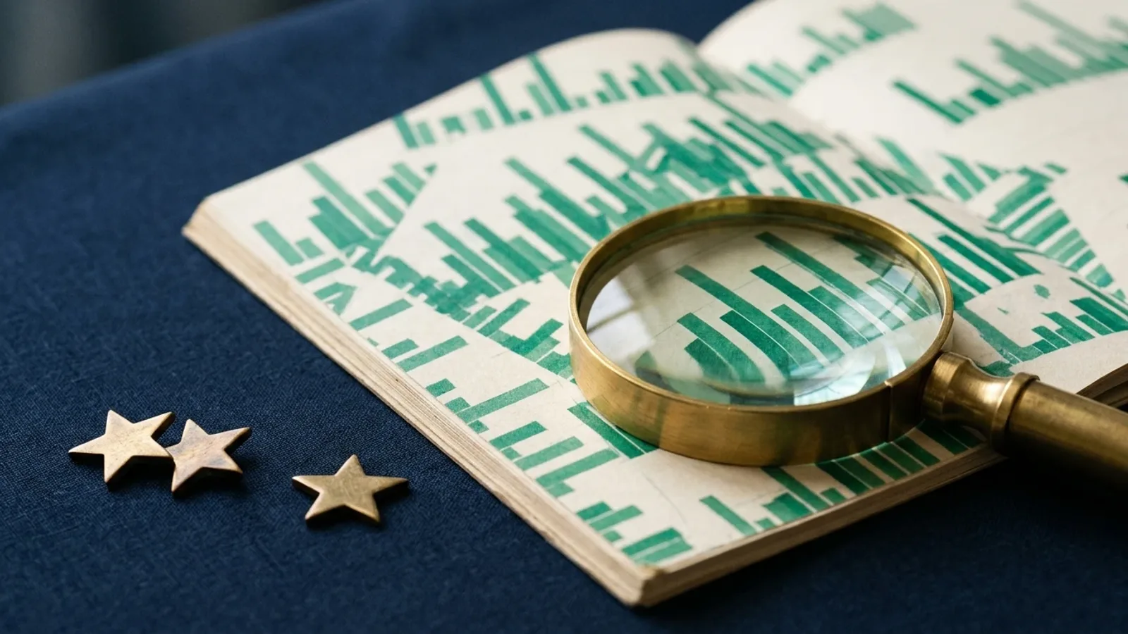 Conceptual 3D scene on a dark navy background: a cream bar chart rising from a round podium, a green magnifying glass held over the tallest bar, and a scatter of small green stars and arcs around it