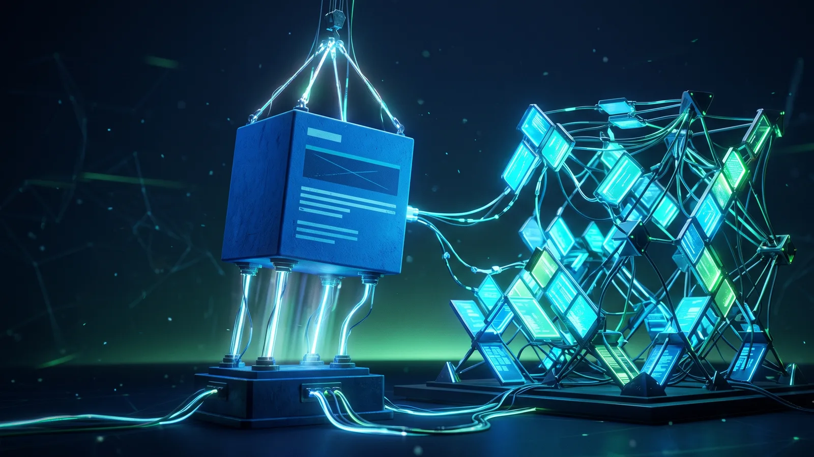 A blue WordPress-style content block on the left wired across to a glowing modern edge-network structure of panels on the right, a site-migration metaphor